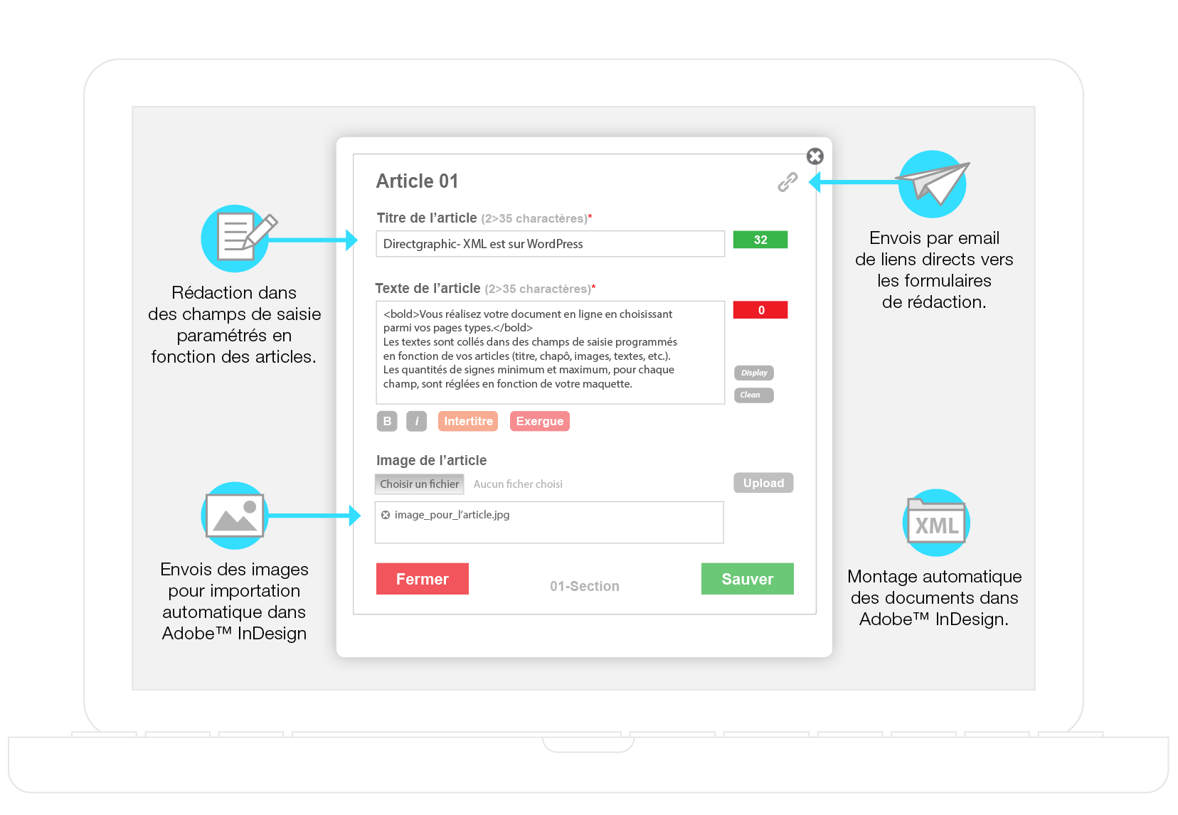 Formulaire paramétrable pour la rédaction d'articles et la création de fichiers XML importables dans Adobe InDesign