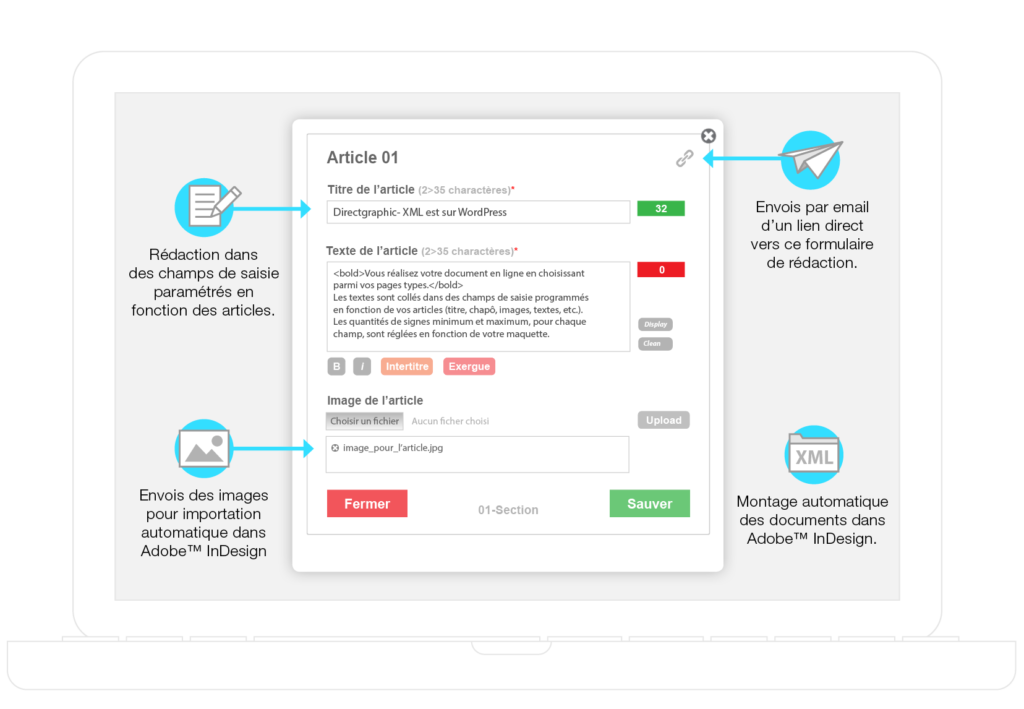 Formulaire paramétrable pour la rédaction d'articles et la création de fichiers XML importables dans Adobe InDesign
